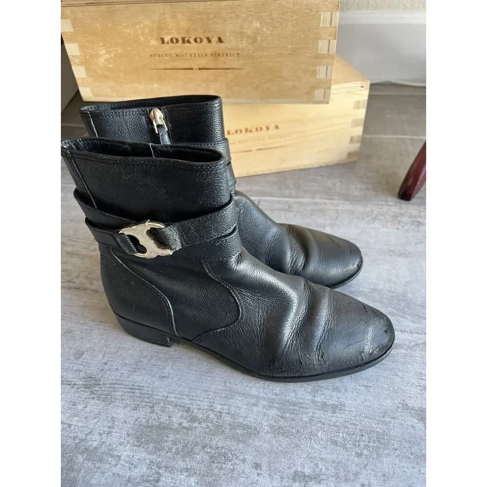 Tory Burch Gemini Link Black Pebble Leather Ankle Booties Moto Boots Size 8 READ